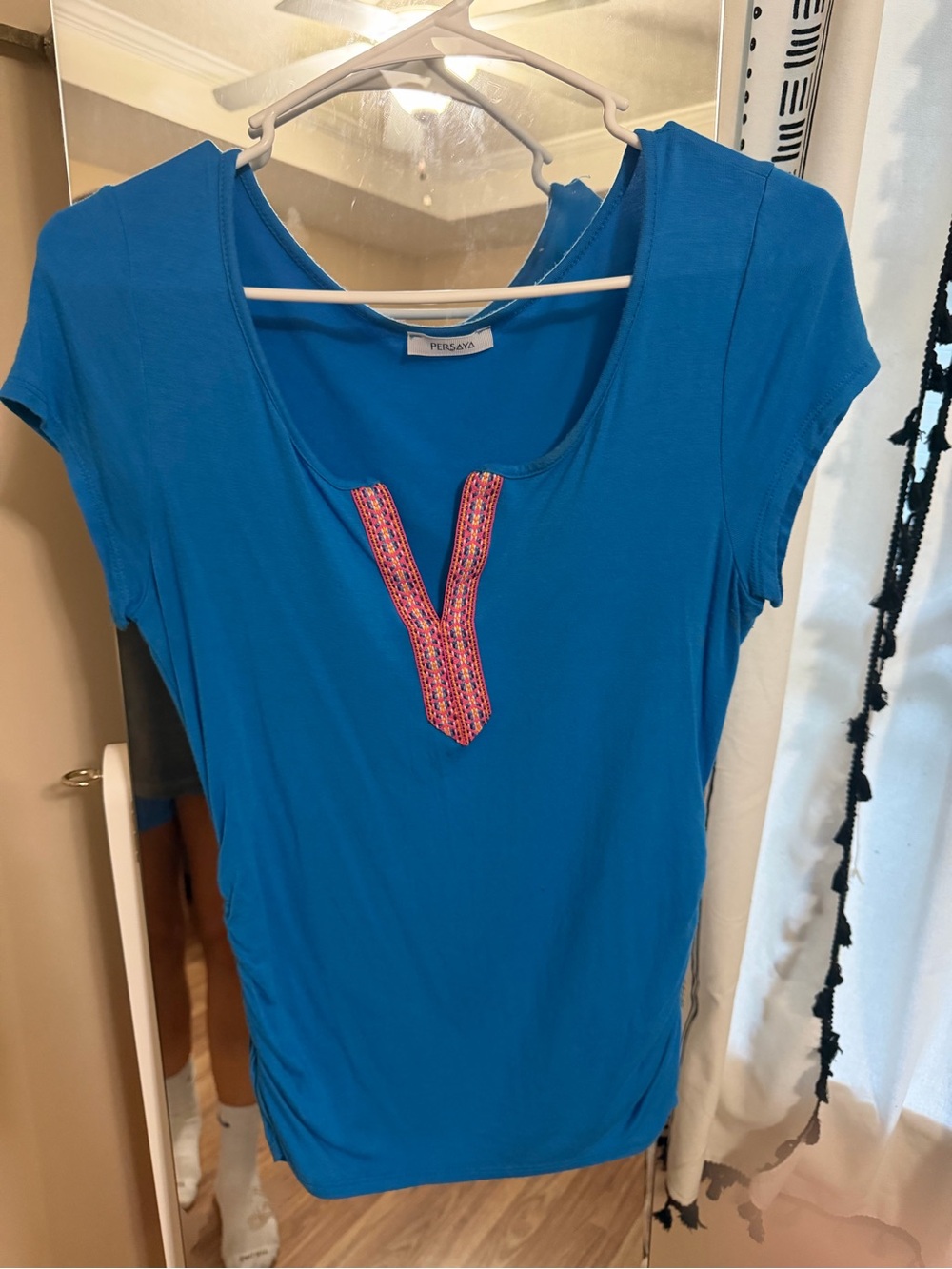 Persaya Teal-Blue Short Sleeve Top with Embroidered V-Notch